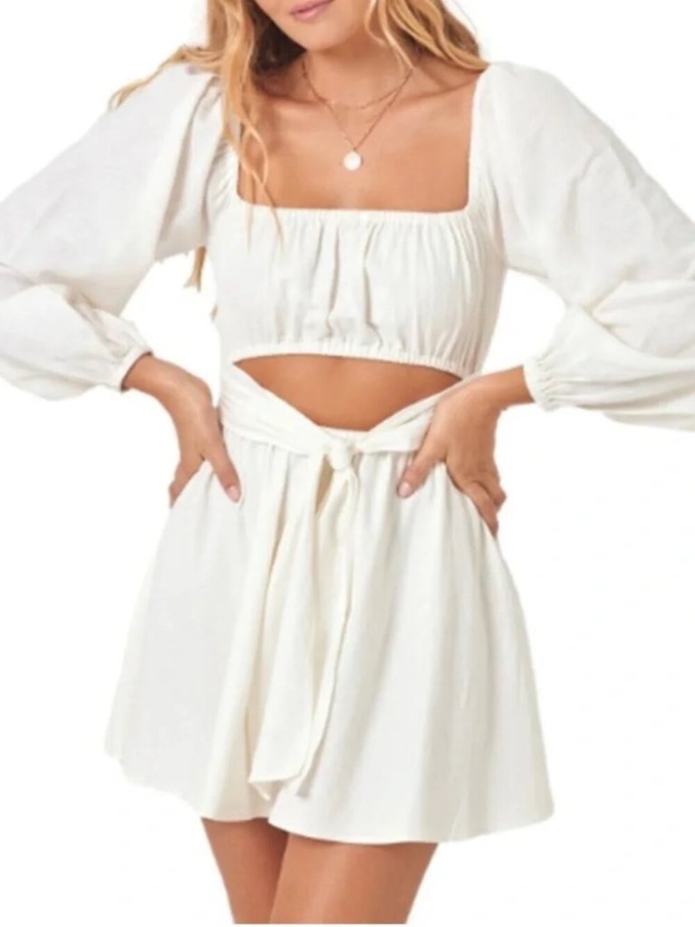 L*Space Rosita Cream Swim Coverup Mini Dress Cutout Puff Sleeve XS